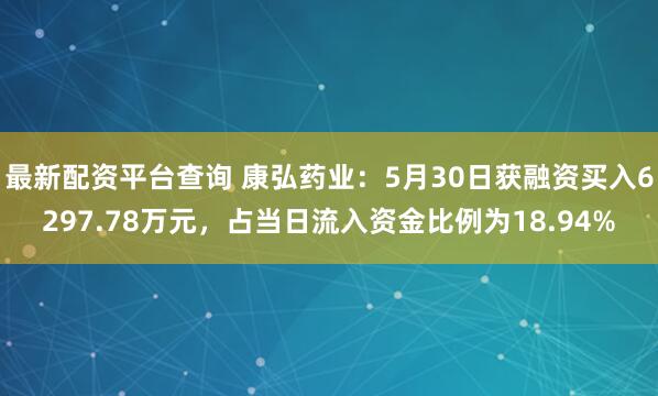 最新配资平台查询 康弘药业：5月30日获融资买入6297.78万元，占当日流入资金比例为18.94%